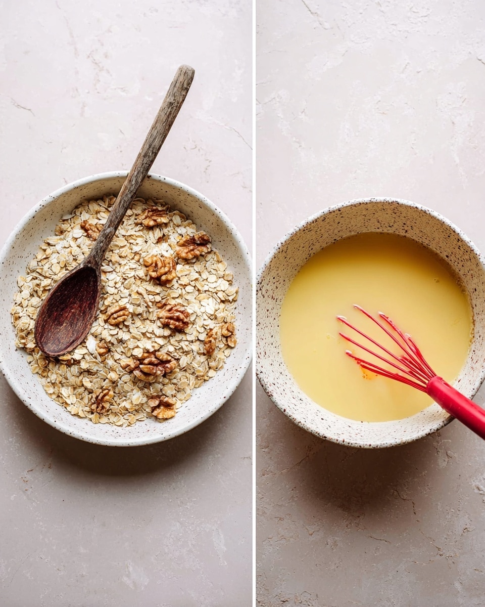The image shows two items side by side on a white marbled surface. On the left, there is a white plate full of dry rolled oats mixed with chunks of walnuts, with a dark wooden spoon resting inside. On the right, there is a white speckled bowl filled with a light yellow and beige liquid mixture containing visible egg yolks, with a red whisk placed inside the bowl. Photo taken with an iphone --ar 4:5 --v 7