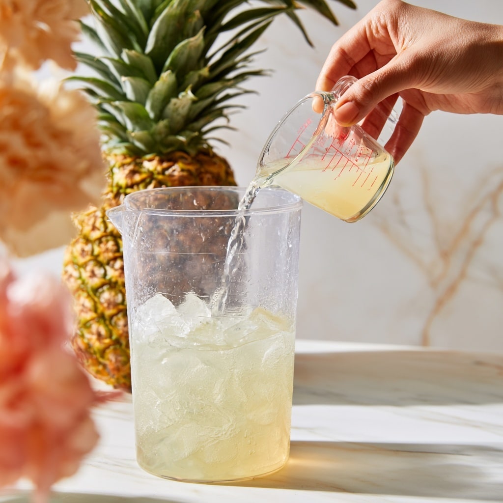 A clear plastic pitcher filled halfway with ice sits on a white marbled surface. A woman's hand is pouring a pale yellow liquid from a small clear glass measuring cup with red markings into the pitcher. Behind the pitcher, there is a whole pineapple with green spiky leaves and rough yellow skin. To the left, there are some blurred peach and pink flowers, and the background is also white marbled. A red circle with the number 2 is on the upper left side of the image. photo taken with an iphone --ar 4:5 --v 7