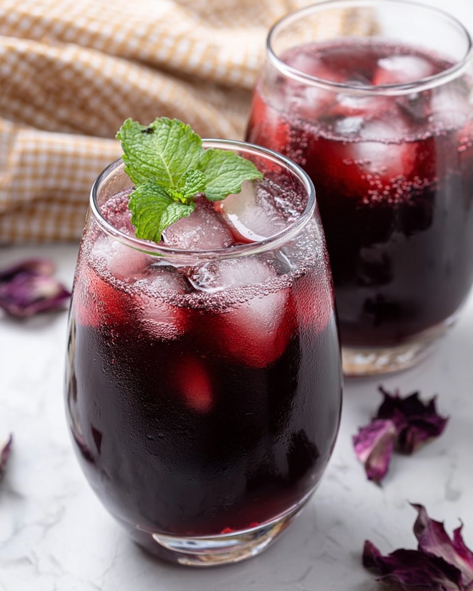 The image shows two clear glasses filled with a dark red drink and ice cubes, with one glass closer and topped with a small green mint leaf for decoration. Behind the glasses, there is a large glass pitcher filled with the same dark red drink, sitting on a folded red and beige checked cloth. The scene is set on a white marbled surface with scattered dried dark flowers around for extra detail. photo taken with an iphone --ar 4:5 --v 7