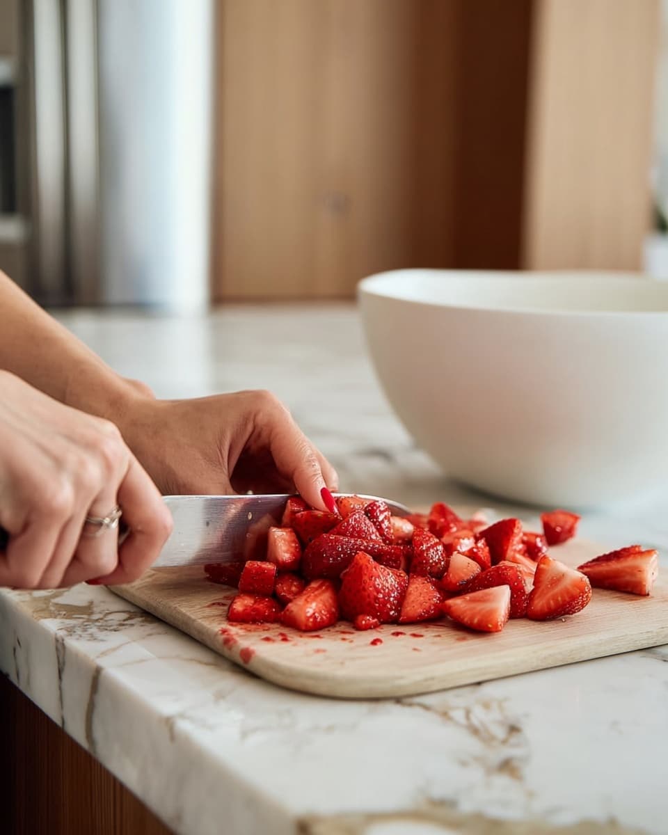 A woman's hand with red nail polish is holding a silver knife, slicing bright red strawberries into small pieces on a wooden cutting board. The strawberries are scattered in small chunks with a juicy, wet texture. The cutting board sits on a white marbled countertop with gray and beige veins. There is a large, smooth white bowl on the right edge of the image. The background is softly blurred, showing light wooden cabinets and a white marbled surface. Photo taken with an iphone --ar 4:5 --v 7