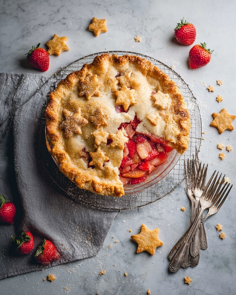 The image shows a golden brown pie with a flaky top crust decorated with multiple star-shaped cutouts and small star-shaped pastry pieces on top. Inside, the filling is bright red with chunks of fruit visible through the star-shaped holes. The pie sits on a clear glass cooling rack, which rests on a soft gray cloth over a white marbled surface sprinkled with crumbs. Around the pie, there are fresh strawberries, some halved, and several extra star-shaped pastry pieces scattered. To the side, there are three vintage silver forks arranged neatly. The overall setting is bright and rustic, highlighting the warm colors of the pie filling and crust. photo taken with an iphone --ar 4:5 --v 7