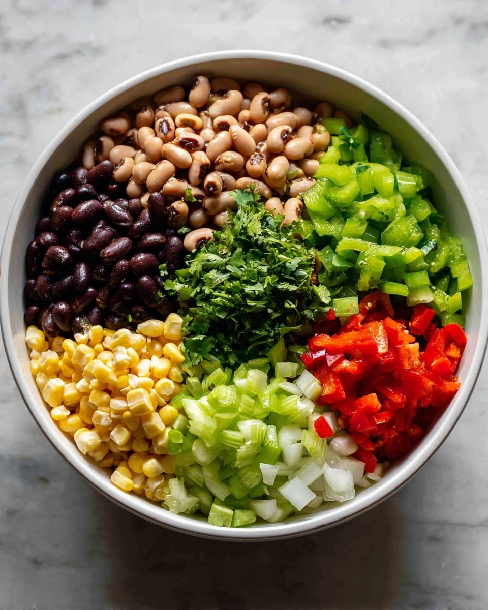 A white bowl contains six separate sections of ingredients arranged in a circular pattern from top to bottom. Starting at the top, there are light brown black-eyed peas with a smooth texture, to the top left dark purple-black beans with a shiny surface. Below the beans are small green bell pepper pieces, followed by pale yellow corn kernels with a slightly glossy finish. Near the bottom right, bright red chopped peppers are placed next to finely chopped white garlic. Moving upward to the right side, light green diced celery pieces occupy a large section. In the center of the bowl is a small pile of green chopped cilantro leaves. The bowl sits on a white marbled surface. photo taken with an iphone --ar 4:5 --v 7