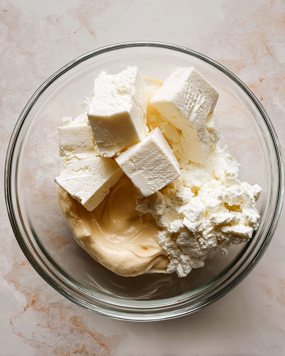 A clear glass bowl sits on a white marbled surface filled with three main layers of ingredients: several thick white cubes of cream cheese piled on the left side, a dollop of smooth, pale beige mayonnaise or similar creamy ingredient under and around the cheese cubes, and a soft, white, slightly shiny cream-like substance sitting on the right side. The textures contrast between the solid cubes, the creamy dollop beneath, and the fluffy cream. The image is bright and polished, highlighting the different whites and creamy textures. photo taken with an iphone --ar 4:5 --v 7