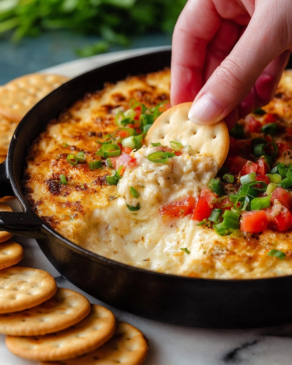 A close-up of a black skillet sitting on a white marbled surface filled with a creamy, bubbly cheese layer that has a light golden top and visible slightly melted texture. On one side, diced red tomatoes and chopped green onions add a fresh, colorful topping. A woman's hand is holding a round, light beige cracker dipping into the cheesy layer. More crackers are stacked near the skillet on the same white marbled surface. The background is softly blurred with green hints. Photo taken with an iphone --ar 4:5 --v 7