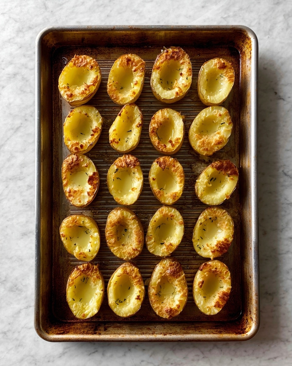 The image shows several small, round baked potatoes halved and arranged on a white parchment paper over a wooden board, all placed on a white marbled surface. Each potato half has three visible layers: a thin, golden-brown crispy skin as the base, a soft, creamy yellow mashed potato filling in the center with a slightly browned top, and garnished with small green onion leaves and bits of crisp, golden-brown bacon. There are a few scattered green onion leaves on the surface and small bowls containing coarse salt and extra green onion pieces nearby, with a light beige cloth partially visible to the bottom right. Photo taken with an iphone --ar 4:5 --v 7