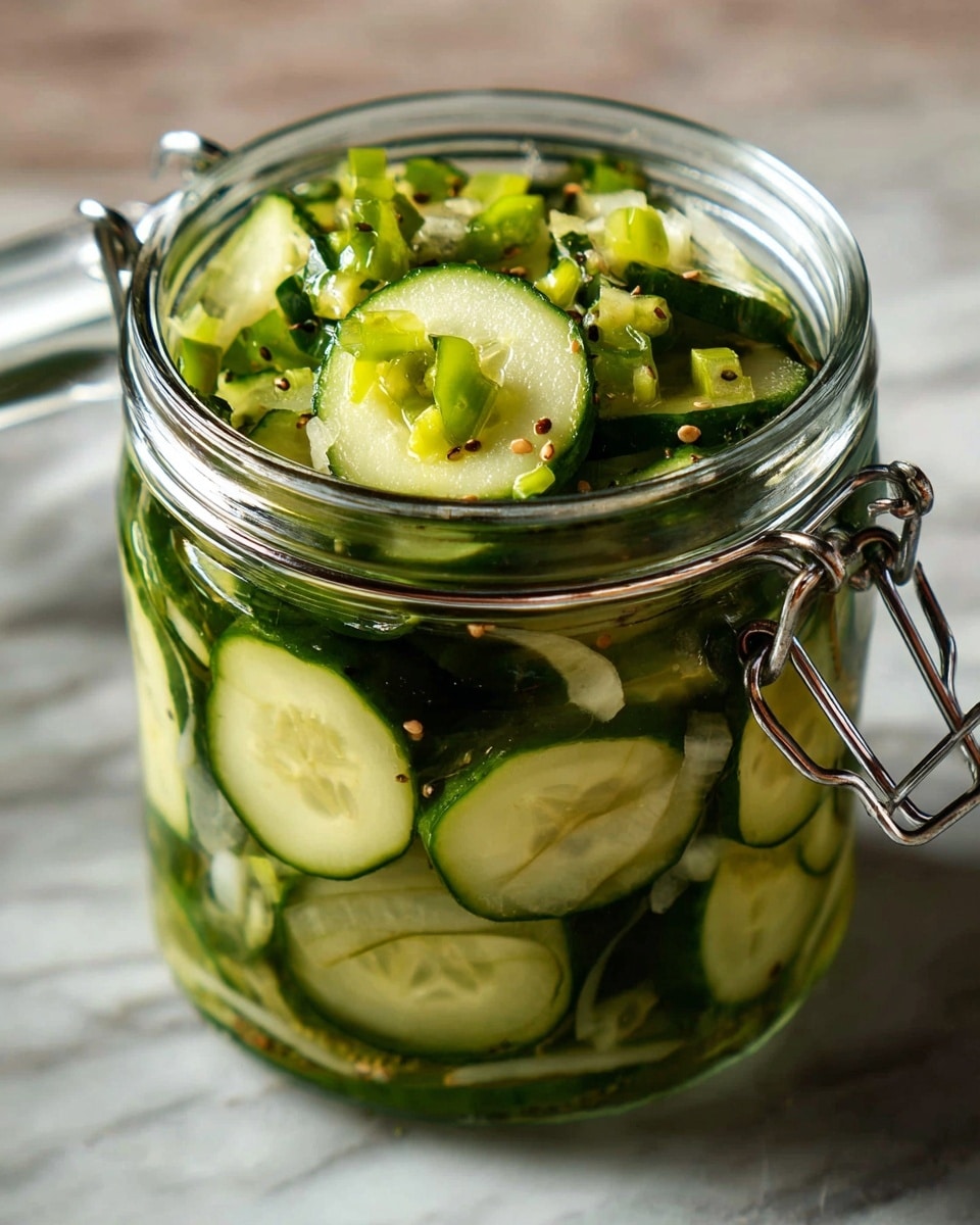 A clear glass jar filled with several layers of thinly sliced light green cucumbers and small pieces of dark green jalapeno peppers, submerged in a clear pickling liquid. The cucumbers have a slight shine and visible seeds, with the jar metal clasp open and resting beside the mouth of the jar. The jar sits on a white marbled surface with a blurred background. photo taken with an iphone --ar 4:5 --v 7