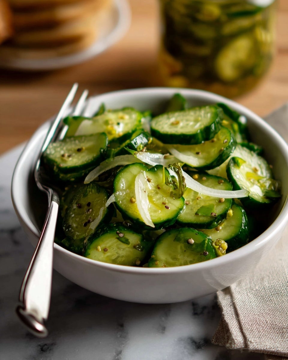 A clear glass jar with a metal clamp lid is filled with thin, pale green cucumber slices layered with small chunks of bright green peppers. The cucumbers have dark green skins with a slightly shiny, wet texture and are mixed with translucent, lighter pieces that may be onions or similar. Inside the jar, tiny black seeds are visible on the cucumber slices, adding specks of contrast. The jar sits on a white marbled surface with soft lighting that brings out the colors and textures inside the jar. Photo taken with an iphone --ar 4:5 --v 7