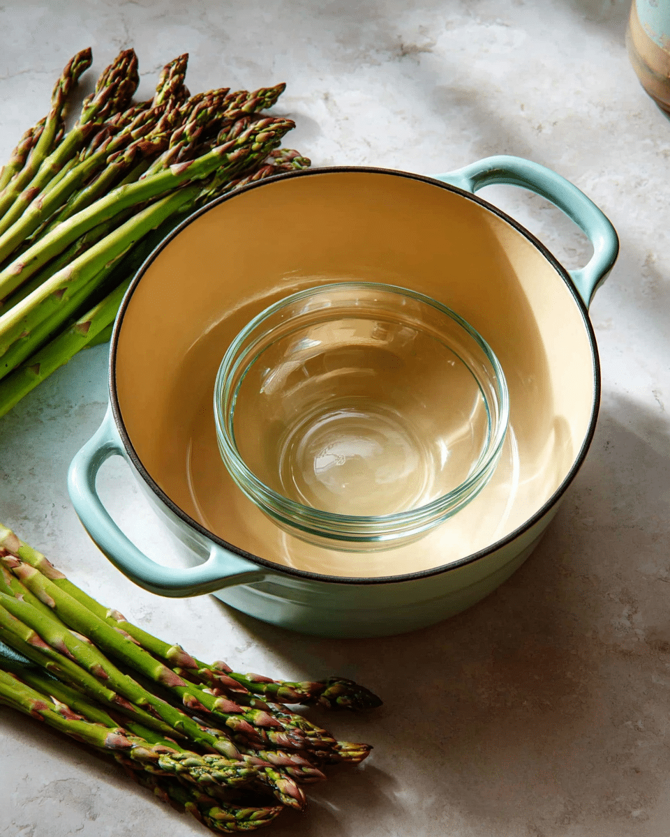The image shows a large round pot with pale yellow inside and light blue handles set on a white marbled surface. Inside the pot, there is a smaller clear glass bowl placed at the center, showing a smooth, shiny texture and faint reflections. To the left side of the pot, there is a bunch of fresh green asparagus with a slightly purple tint on the tips. The light reveals soft shadows and highlights on the pot and vegetables, creating a calm and fresh kitchen scene. Photo taken with an iphone --ar 4:5 --v 7