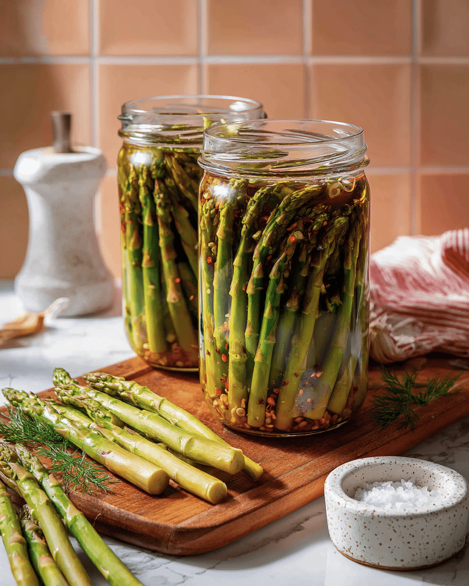 Two clear glass jars of pickled asparagus are placed on a wooden board over a white marbled surface. Each jar is filled with closely packed whole asparagus stalks, showing their green color with hints of orange at the tips, submerged in clear brine with visible garlic cloves and small red pepper flakes floating inside. The jars have clear lids and sit in shallow white-speckled ceramic dishes. Around the board, fresh raw asparagus stalks lie scattered along with a white stone salt cellar filled with coarse salt and a light red striped cloth. The background is soft with warm peach and pink tile patterns. Photo taken with an iphone --ar 4:5 --v 7