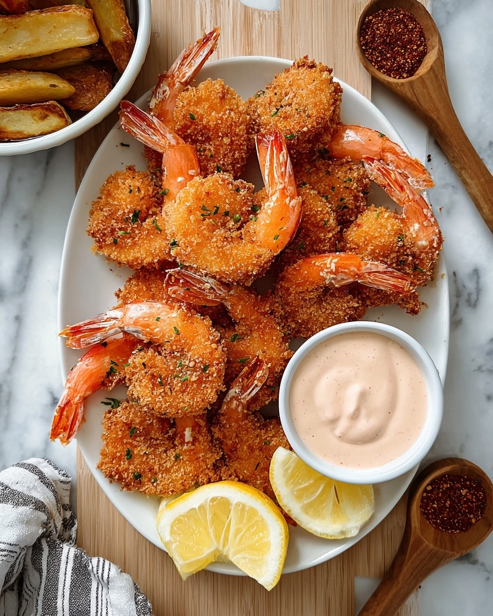 A white plate holds about three layers of golden brown crispy fried shrimp with bright orange tails showing, arranged loosely in a pile. To the right side of the plate is a small white bowl filled with a creamy light pink dipping sauce that has some specks of seasoning. Above the bowl are two lemon wedges with bright yellow peel and pale flesh placed side by side. Around the plate, there is a wooden spoon with red seasoning and a white bowl with potato fries partly visible. The background is a white marbled surface. photo taken with an iphone --ar 4:5 --v 7