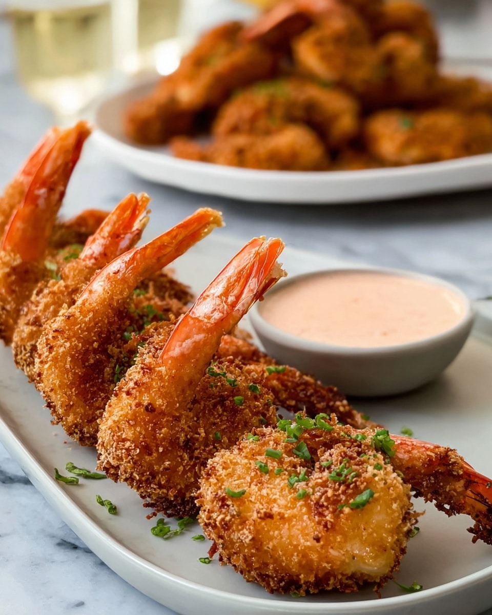 There are five pieces of breaded fried shrimp arranged in a curved line on a white plate, each shrimp showing their orange tails sticking up. The breading is golden brown and crunchy looking with small green garnish sprinkled on top. To the right side of the plate, there is a smooth pinkish dipping sauce. In the blurred background, there is a white plate piled with more breaded fried shrimp. The whole scene is set on a white marbled surface. photo taken with an iphone --ar 4:5 --v 7