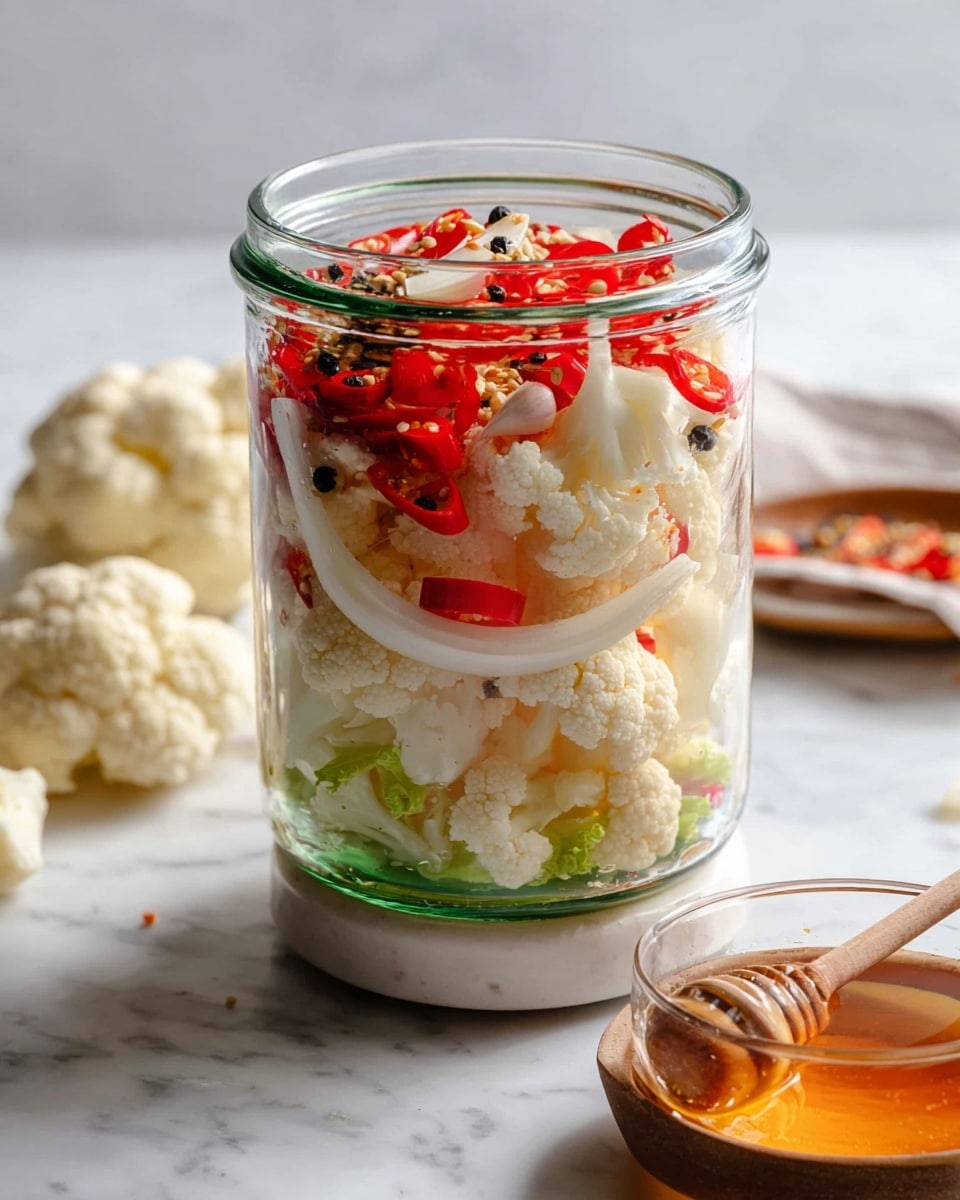 A clear glass jar is filled with layers of fresh cauliflower florets at the bottom, followed by thin white onion slices and bright red, sliced chili peppers scattered on top. Mixed in throughout are small black peppercorns and mustard seeds, adding texture and color contrasts. A whole white garlic clove rests near the top among the vibrant chili pieces. The jar stands on a white ceramic base, all placed on a white marbled surface, with extra cauliflower pieces and a small glass bowl of honey with a wooden honey dipper in the background. Photo taken with an iphone --ar 4:5 --v 7