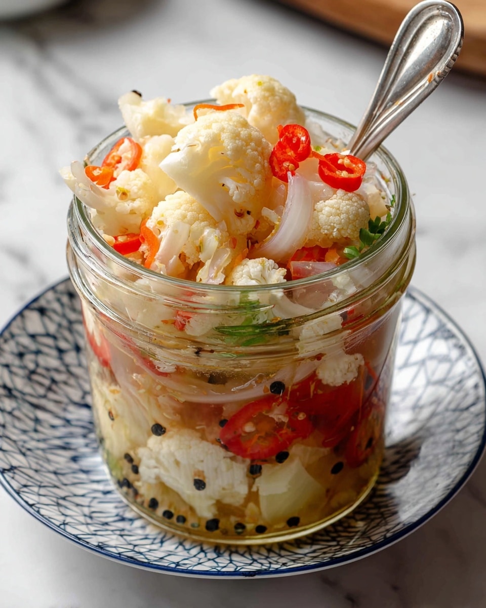 A clear glass jar filled with layers of white cauliflower florets, slices of light beige garlic, thin red pepper strips, small black peppercorns, and yellow mustard seeds all submerged in a clear pickling liquid. The jar is placed on a white plate with a black geometric pattern, set on a white marbled surface. In the blurred background, there is another similar jar and a glass container with green herbs. Photo taken with an iphone --ar 4:5 --v 7