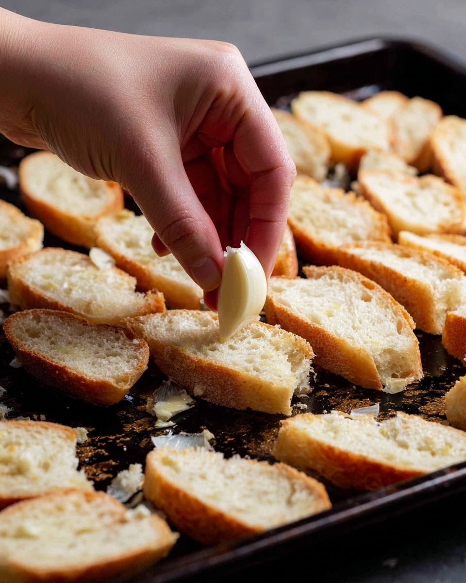 A close-up shows a woman's hand holding a peeled garlic clove above a black baking tray filled with single layers of sliced bread pieces. The slices are off-white with a crusty light brown edge and a soft porous texture in the center. The tray has spots and areas that show use, with a slightly shiny surface. The bread slices are arranged loosely covering much of the tray, with some overlapping parts visible at the edges. Photo taken with an iphone --ar 4:5 --v 7