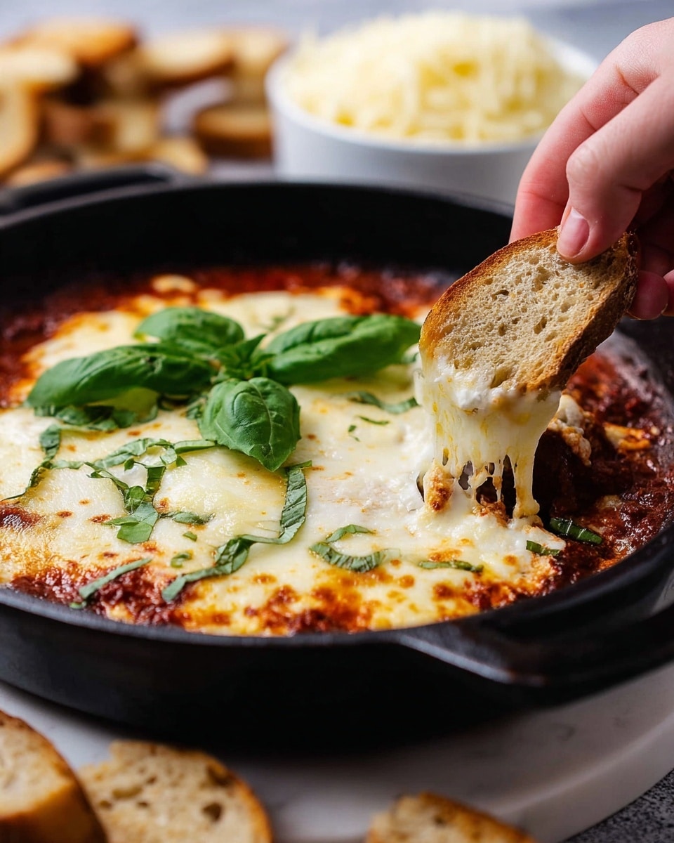 A black cast iron pan holds a layered dish with a rich, chunky red tomato and meat sauce as the base layer, topped with a thick, bubbly, golden melted cheese layer covering almost the entire surface. Two slices of toasted light beige bread are tucked into the sauce on the left side of the pan. A fresh green basil leaf sits in the center on top of the cheese. The pan is placed on a white marbled surface with fresh spinach leaves near the top left and several more pieces of toasted bread on the right. A white bowl with shredded cheese is at the bottom right corner, and a white and gray striped cloth is partially under the pan. Photo taken with an iphone --ar 4:5 --v 7