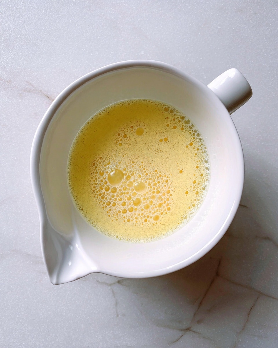 A white bowl with a handle contains a single layer of light yellow liquid with small bubbles on the surface, placed on a white marbled texture background. The liquid's surface is smooth and slightly frothy, covering the bottom of the bowl evenly. Photo taken with an iphone --ar 4:5 --v 7