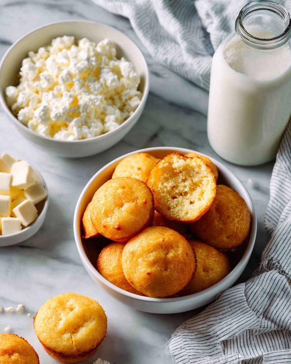 A white bowl filled with several small, round golden-yellow muffins that have a soft, slightly bumpy texture and tiny cracks on top, showing a light and fluffy inside. The muffins are stacked and closely packed, with some small grains of salt sprinkled on them. The bowl is placed on a white marbled surface, and the image focuses closely on the muffins arranged inside the bowl. Photo taken with an iphone --ar 4:5 --v 7