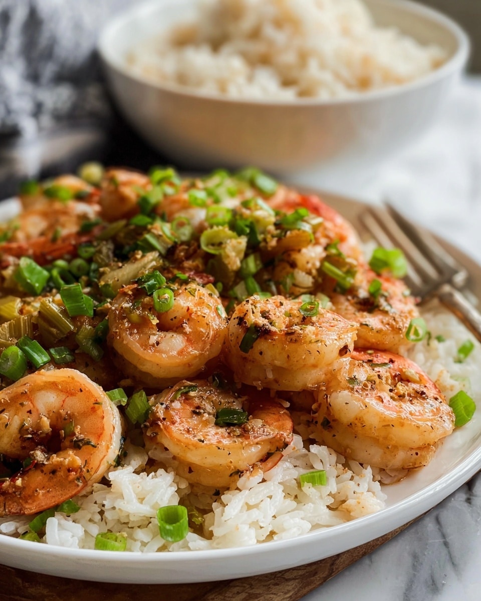 A white plate holds a bed of white rice as the bottom layer, topped with a generous portion of cooked shrimp that are pinkish-orange with a slightly grilled texture, mixed with chopped green onions and small pieces of cooked celery scattered across the shrimp. The shrimp are seasoned, showing light specks of black pepper and herbs. In the blurred background, a white bowl filled with more white rice is visible, all set on a white marbled surface. Photo taken with an iphone --ar 4:5 --v 7