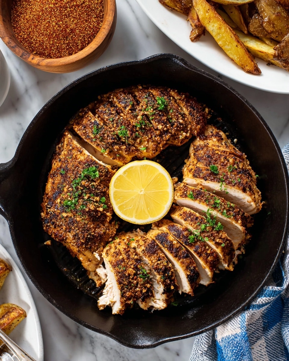 In a black cast iron pan, there are three large pieces of sliced chicken with browned, spiced crust and visible black grill marks, arranged around a single bright yellow lemon half positioned at the center of the pan. The chicken slices show a light brown inside texture, garnished with small green herb pieces scattered on top. To the upper left, there is a wooden bowl filled with finely ground dark orange and brown spice mix. To the upper right, part of a white plate with golden brown potato wedges seasoned with black pepper is visible. The setting is on a white marbled surface with a blue and white striped cloth partially visible at the bottom. Photo taken with an iphone --ar 4:5 --v 7