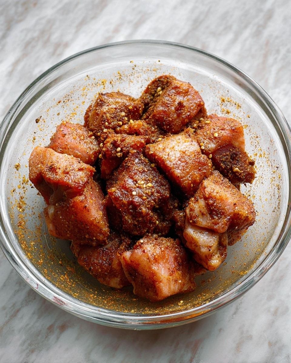 A clear glass bowl sits on a white marbled surface filled with several chunks of light pink meat coated in a layer of dark brown spices and seasonings. The meat pieces show a slightly uneven texture, with some parts dusted heavily with the powdery spices while other parts are more glossy from moisture. The bowl edges are slightly speckled with leftover seasoning, and the overall look is a mix of rough and smooth with warm, earthy tones. photo taken with an iphone --ar 4:5 --v 7