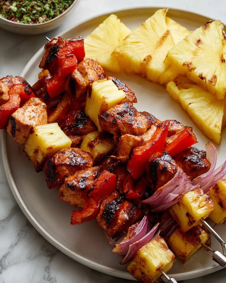 The image shows three metal skewers on a large white plate with grilled pieces of dark brown chicken, bright yellow pineapple chunks, red bell pepper pieces, and purple onion segments. The chicken pieces have char marks, and the pineapple and vegetables appear grilled with some browned edges. Around the plate are fresh green parsley bunches in the top left and slices of fresh pineapple to the right. A small clear bowl containing a red spice mix is partly visible in the bottom right corner. The entire scene is set on a white marbled surface. Photo taken with an iphone --ar 4:5 --v 7