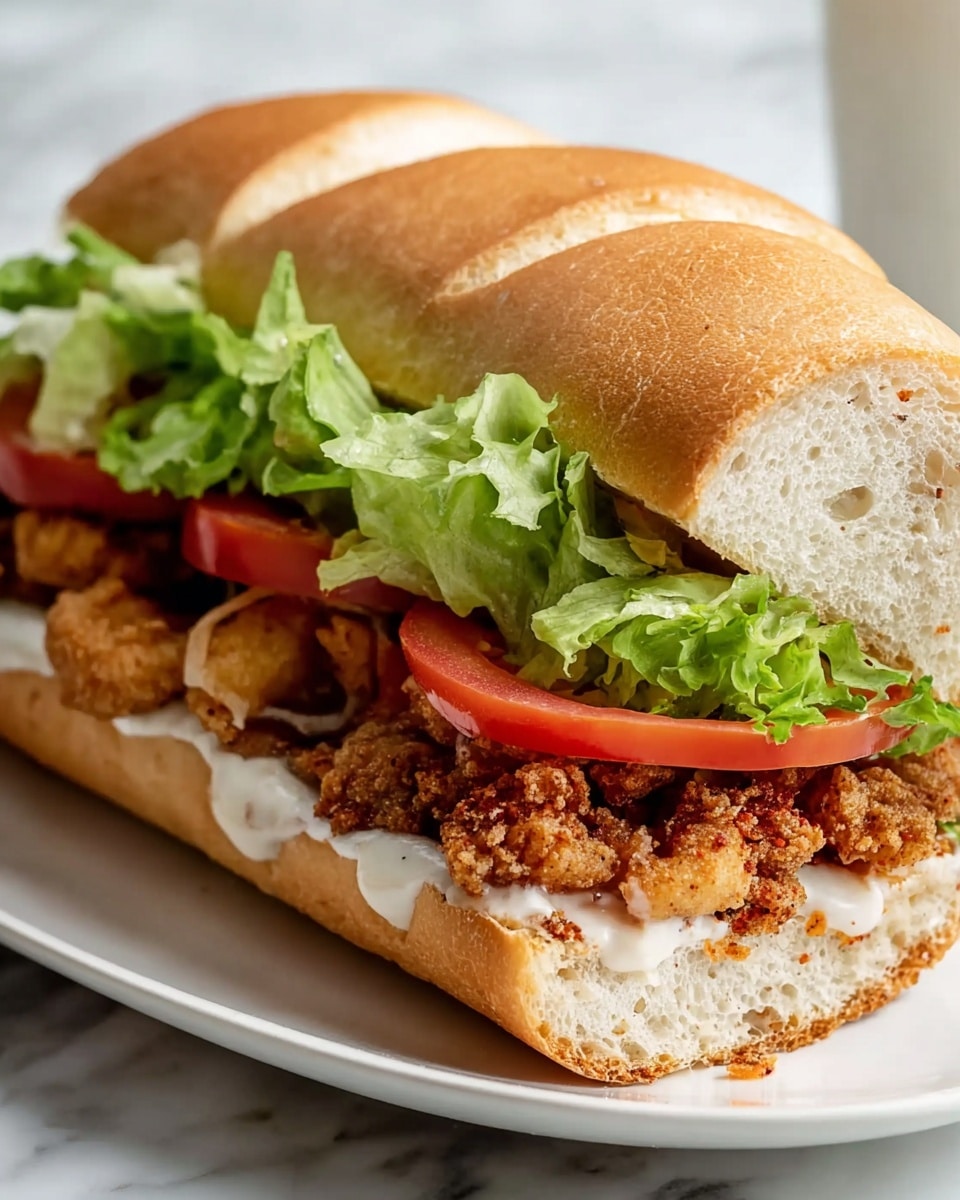 The image shows a sandwich open on a white plate with a white marbled surface. The sandwich has three main layers: the bottom is a soft white bread with a light spread of creamy white sauce, the middle layer is a pile of crispy, golden-brown fried shrimp with a textured, crunchy coating, and the top layer includes green lettuce, slices of red tomato, and drizzles of white sauce with black pepper on top. There is a mustard bottle visible blurred in the background. Photo taken with an iphone --ar 4:5 --v 7