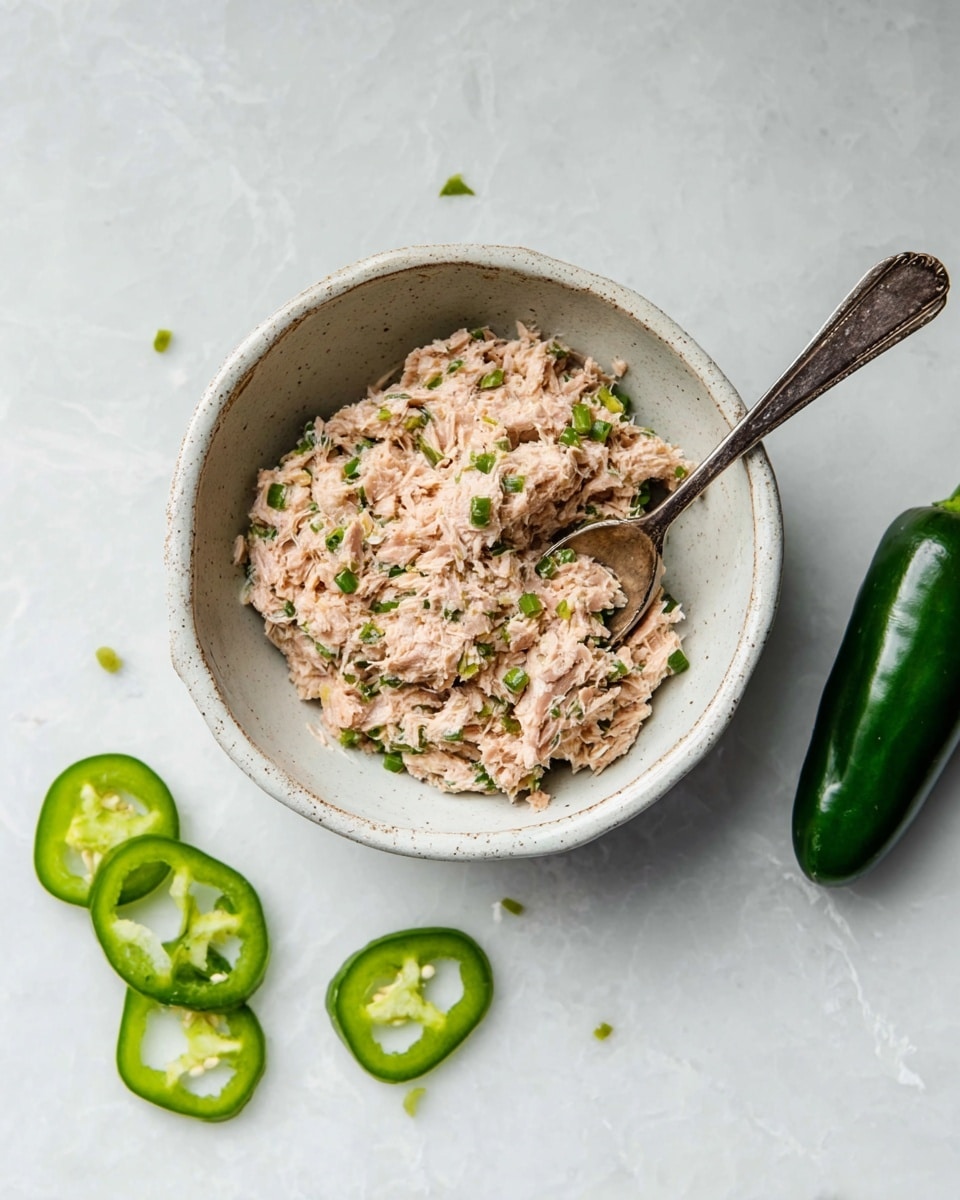 A rustic white bowl with a slightly textured rim holds a creamy mixture, roughly two layers thick, of flaked light pink tuna combined with small pieces of green chili and finely chopped green herbs, giving it a speckled look. A tarnished silver spoon is placed resting inside the mixture on the right side. Around the bowl, few bright green slices of chili pepper and a whole jalapeño pepper with a shiny surface lie on a smooth white marbled background, creating a fresh and simple setting. Photo taken with an iphone --ar 4:5 --v 7