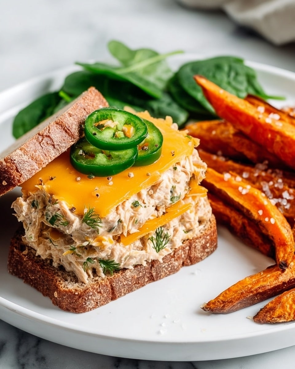 The image shows a white plate with two open sandwiches stacked. Each sandwich has two layers: a bottom slice of brown whole grain bread, topped with a thick layer of light beige tuna salad mixed with green herbs, and a bright orange melted cheddar cheese slice on top. On the top sandwich, there is a slice of green jalapeño pepper. The sandwiches are placed next to a pile of orange roasted sweet potato fries, sprinkled with salt. In the back, there are some fresh green spinach leaves as garnish on a white marbled surface. Photo taken with an iphone --ar 4:5 --v 7