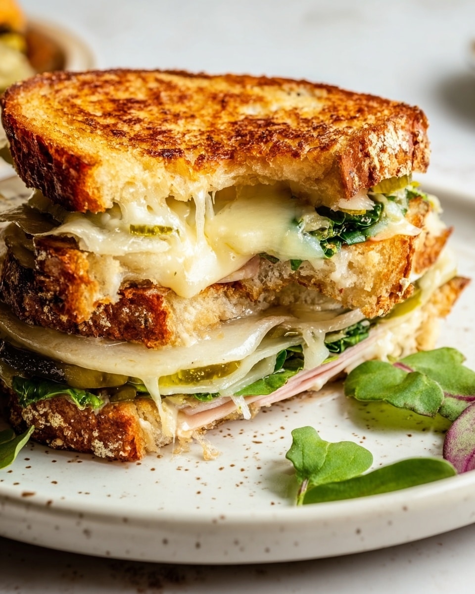 The image shows a toasted sandwich with two thick slices of crispy, golden brown bread, melted cheese on top, and a bite taken from one corner. Inside the sandwich, there are layers of green leafy vegetables, thin slices of pale meat, pickles, and some thinly sliced white or light yellow cheese. The sandwich is on a white plate with subtle speckles, placed on a white marbled surface. A few green leaves are scattered on the plate next to the sandwich. photo taken with an iphone --ar 4:5 --v 7