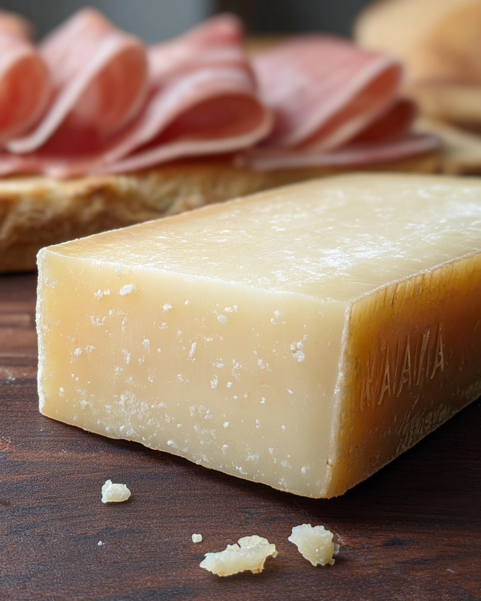 A close-up image of a block of hard cheese resting on a dark wooden surface with a few small crumbles near its base; the cheese has a pale yellow, slightly textured rind with scattered white spots and a smooth, creamy off-white top layer; in the background, there is a slice of bread topped with thin, folded slices of light pink deli meat, both blurred softly. Photo taken with an iphone --ar 4:5 --v 7