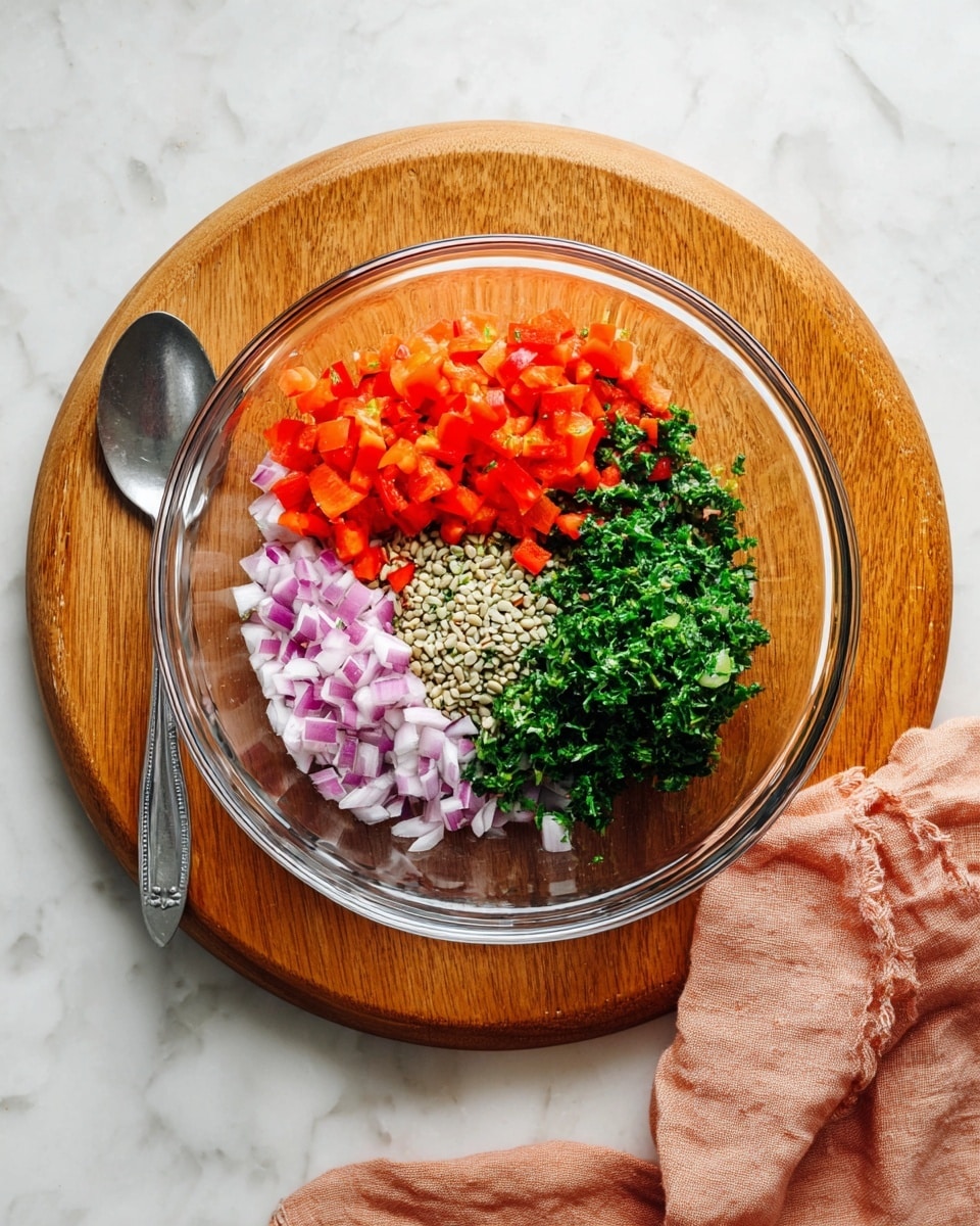 A clear glass bowl shows a colorful mix of ingredients, arranged in separate sections. On the top left, there is a layer of bright red chopped bell peppers with a smooth texture. To the right, finely chopped dark green parsley fills that part of the bowl. Below the parsley is a small pile of beige seeds that look soft and textured. The bottom left contains finely diced light purple onions with a slightly translucent look. The bowl sits on a round wooden board with a metal spoon beside it on the left. A crumpled peach-colored cloth is under the board on the right, and everything is placed on a white marbled surface. Photo taken with an iphone --ar 4:5 --v 7
