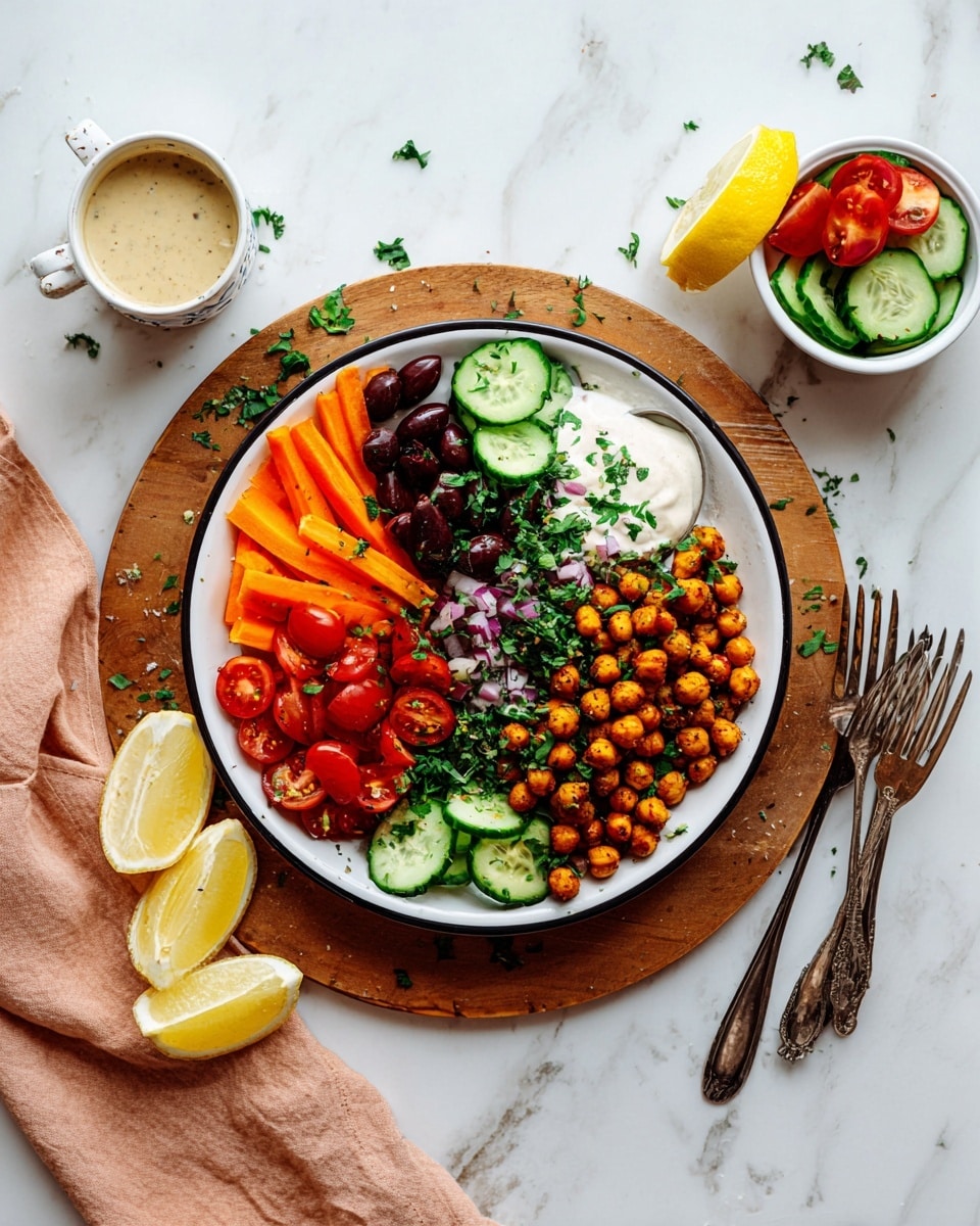 A white plate with a black rim sits on a round wooden board over a white marbled surface. The plate has six main layers: a fan of orange carrot slices on the left, a small pile of dark olives overlapping the carrots, bright white dollop of creamy sauce with green herbs at the center left, sliced red cherry tomatoes scattered around the plate, a layer of green cucumber rounds beneath the tomatoes, and a heap of golden-brown roasted chickpeas covering the top center. Small chopped green herbs and red onion pieces are spread over the top. Surrounding the plate are two lemon wedges placed near the bottom and upper right edge, a small white cup with beige dressing and grated garlic on the right, and a white bowl with cucumber slices and red tomatoes on a soft peach cloth near the top left. Two vintage forks rest on the marbled surface at the bottom right. photo taken with an iphone --ar 4:5 --v 7