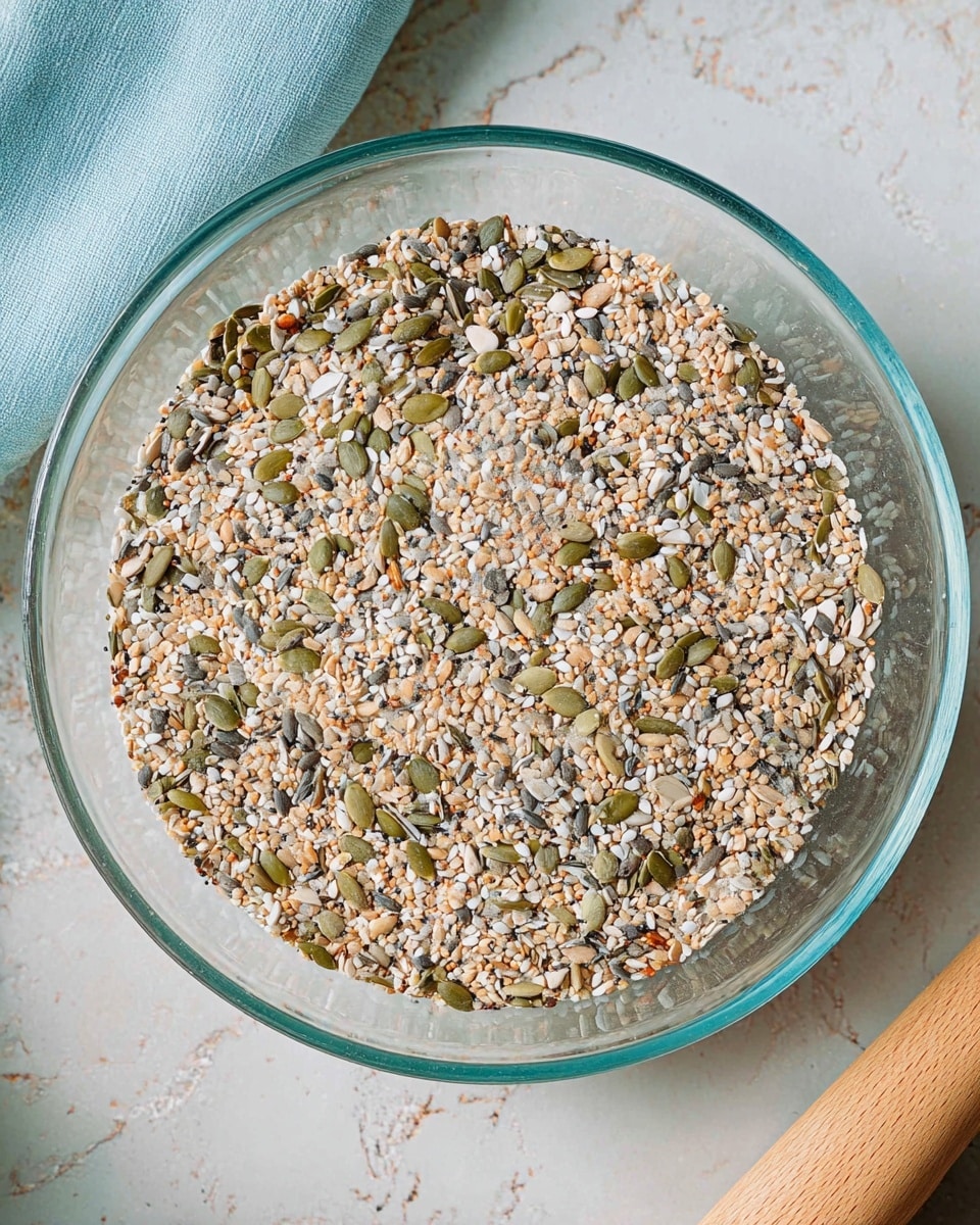 A clear glass bowl in the center holds a creamy light yellow spread with a soft, slightly textured surface, placed on a white marbled surface. Around it, square seed crackers with visible pieces of green pumpkin seeds, white sesame seeds, and other grains are scattered, showing a rough, crunchy texture. Some crackers are whole while others are broken, with one cracker topped with the same light yellow spread near the bowl. A wooden spatula near the bottom left corner has a dollop of the spread on it. A white plate filled with more seed crackers is partially visible on the left side of the image. The setting is bright and clean, with a mix of natural and soft lighting. photo taken with an iphone --ar 4:5 --v 7