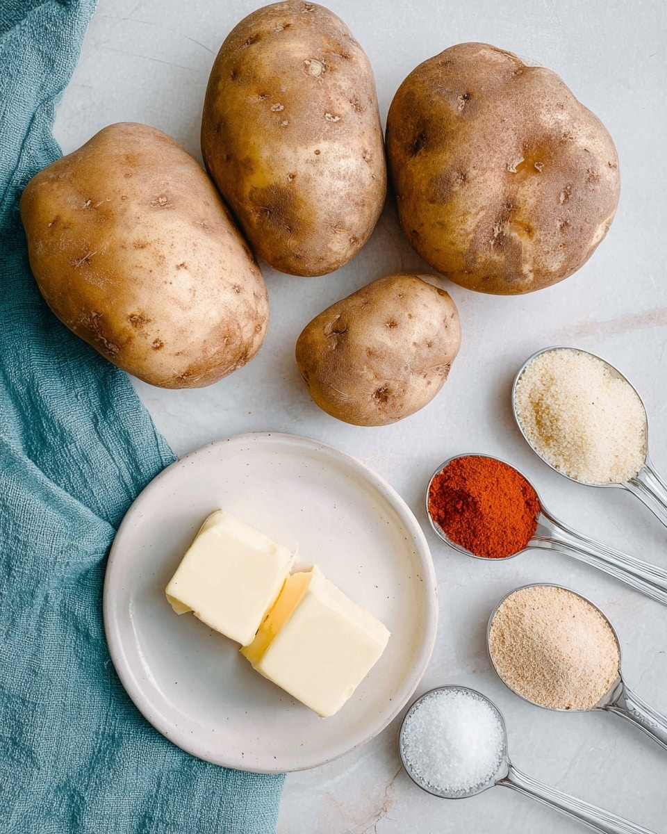 The image shows four whole, unpeeled potatoes with a rough, brown skin placed in the upper right on a white marbled surface. Below them, there is a white plate with three small pieces of pale yellow butter. Next to the butter, a metal measuring spoon holds a light beige powder. To the right of the plate, three more metal measuring spoons contain different powders: one with a bright orange-red spice, one with coarse white salt, and the last with a light brownish powder. A folded turquoise cloth is partially visible in the top left corner. The overall setting is clean and simple, with a soft natural light. photo taken with an iphone --ar 4:5 --v 7
