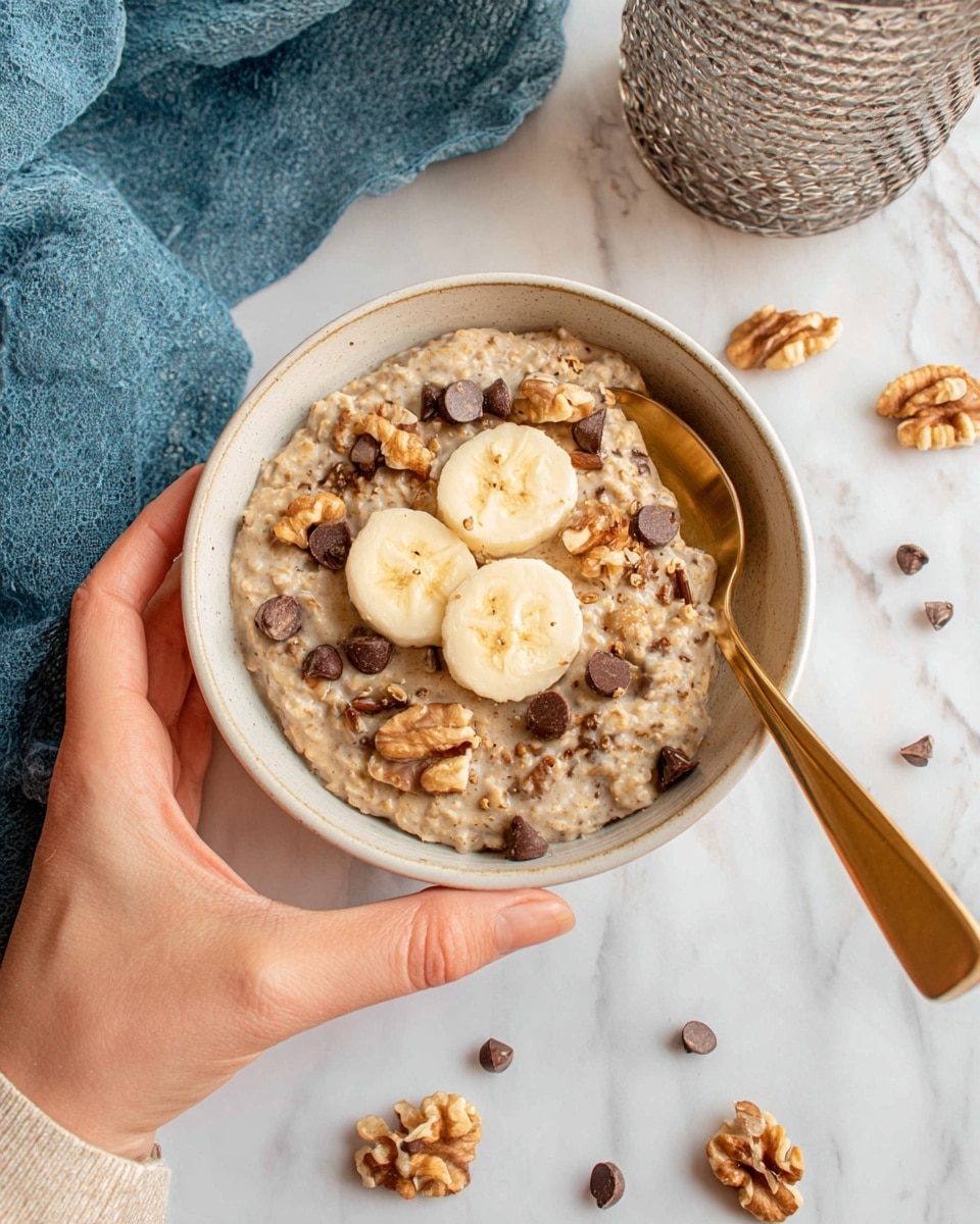 A bowl filled with creamy oatmeal topped with two banana slices placed in the center, scattered dark chocolate chips, and broken walnut pieces. The bowl has a blue base with a white rim and is placed on a white marbled surface. Around the bowl, there are some walnuts, chocolate chips, and chia seeds scattered. A golden spoon lies next to the bowl and a textured blue cloth is placed in the background. Part of a patterned white cup can be seen on the right side. Photo taken with an iphone --ar 4:5 --v 7