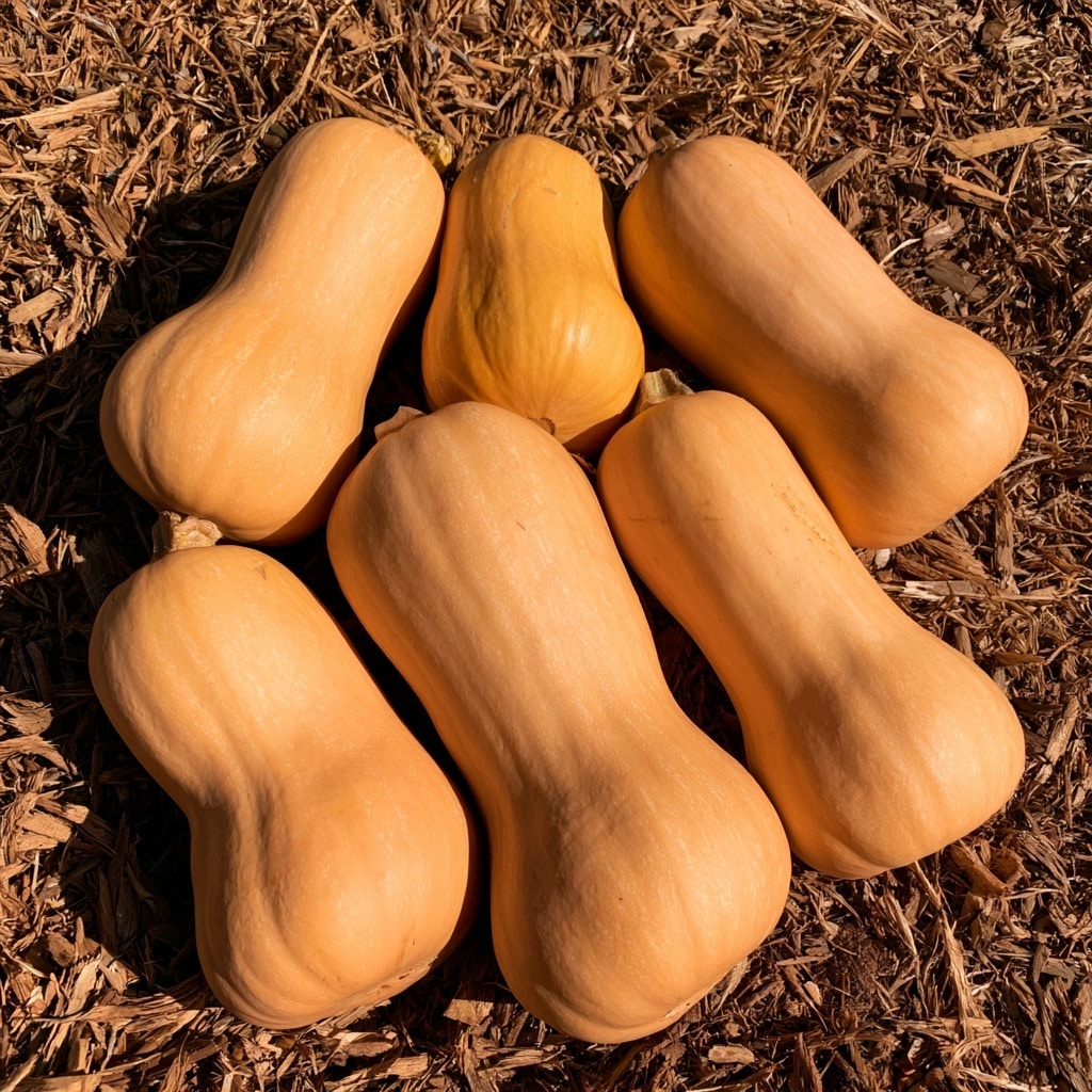 Five whole butternut squashes with smooth, light orange skin lying on a bed of brown wood chips. The squashes vary slightly in shape and size, each having a bulbous bottom and a narrower, cylindrical neck. The rough texture of the wood chips contrasts with the smooth surface of the squashes. The scene is outdoors with natural lighting showing subtle shadows and highlights on the squash skin. photo taken with an iphone --ar 4:5 --v 7