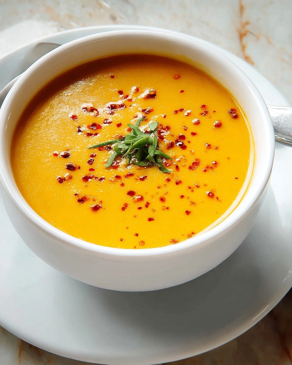 A smooth, thick orange soup fills a white bowl placed on a white plate, with a reflection of light on its surface. The soup is topped with small red spice dots scattered across the top layer and a small green sprig of fresh herb in the center. The bowl sits on a wooden surface with a hint of a green pumpkin in the background. photo taken with an iphone --ar 4:5 --v 7