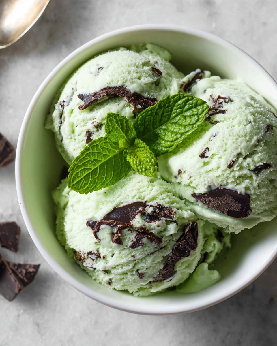 The image shows a white bowl filled with three scoops of pale green mint ice cream that has small dark chocolate chunks mixed evenly throughout. To the right side of the bowl, there is a fresh green mint leaf garnish adding bright color contrast. The bowl sits on a white marbled surface with a spoon slightly visible on the left side and more mint leaves blurred in the background. The ice cream texture looks creamy with small bits of chocolate embedded in the smooth surface, and the lighting highlights the cool, refreshing feel of the dessert. Photo taken with an iphone --ar 4:5 --v 7