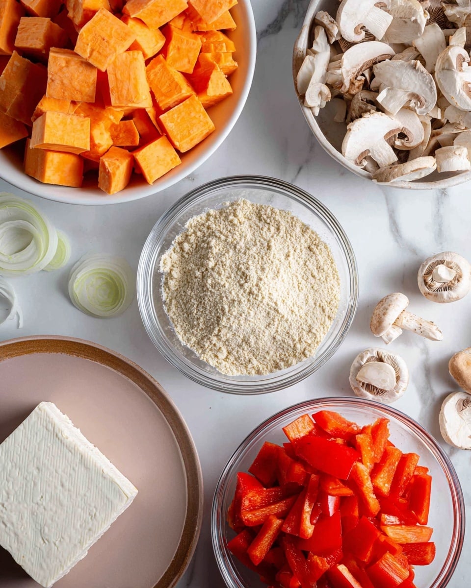 The image shows a close-up view of various cooking ingredients arranged on a white marbled surface. There are six main visible sections: a pile of bright orange cubed sweet potatoes in a white bowl at the top left; a clear glass bowl filled with a light beige powdery substance (likely flour) in the center; to the top right, a white bowl with pieces of white and brown mushrooms, some scattered on the surface nearby; at the bottom right, a clear glass bowl filled with vibrant red diced bell peppers; at the very bottom left, part of a light pink plate holds a large square slab of white tofu; and a few pieces of white onion slices lay on the surface below the mushroom bowl. The textures range from smooth tofu and diced bell pepper, to powdery flour and chunky sweet potatoes photo taken with an iphone --ar 4:5 --v 7