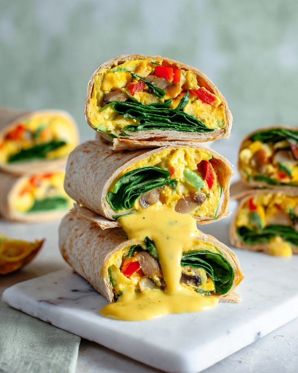 The image shows a stack of four tortilla wraps on a white marbled surface. Each wrap is cut in half to reveal layers inside: a soft light brown tortilla on the outside, a layer of yellow scrambled eggs mixed with small pieces of mushrooms and red peppers, bright green spinach leaves folded in the middle, and a smooth, thick light yellow sauce dripping slightly from the edges. The wraps are arranged close together, with two halves stacked on top of one whole wrap standing upright. The background is a soft grey-green with more wrapped pieces blurred out. photo taken with an iphone --ar 4:5 --v 7