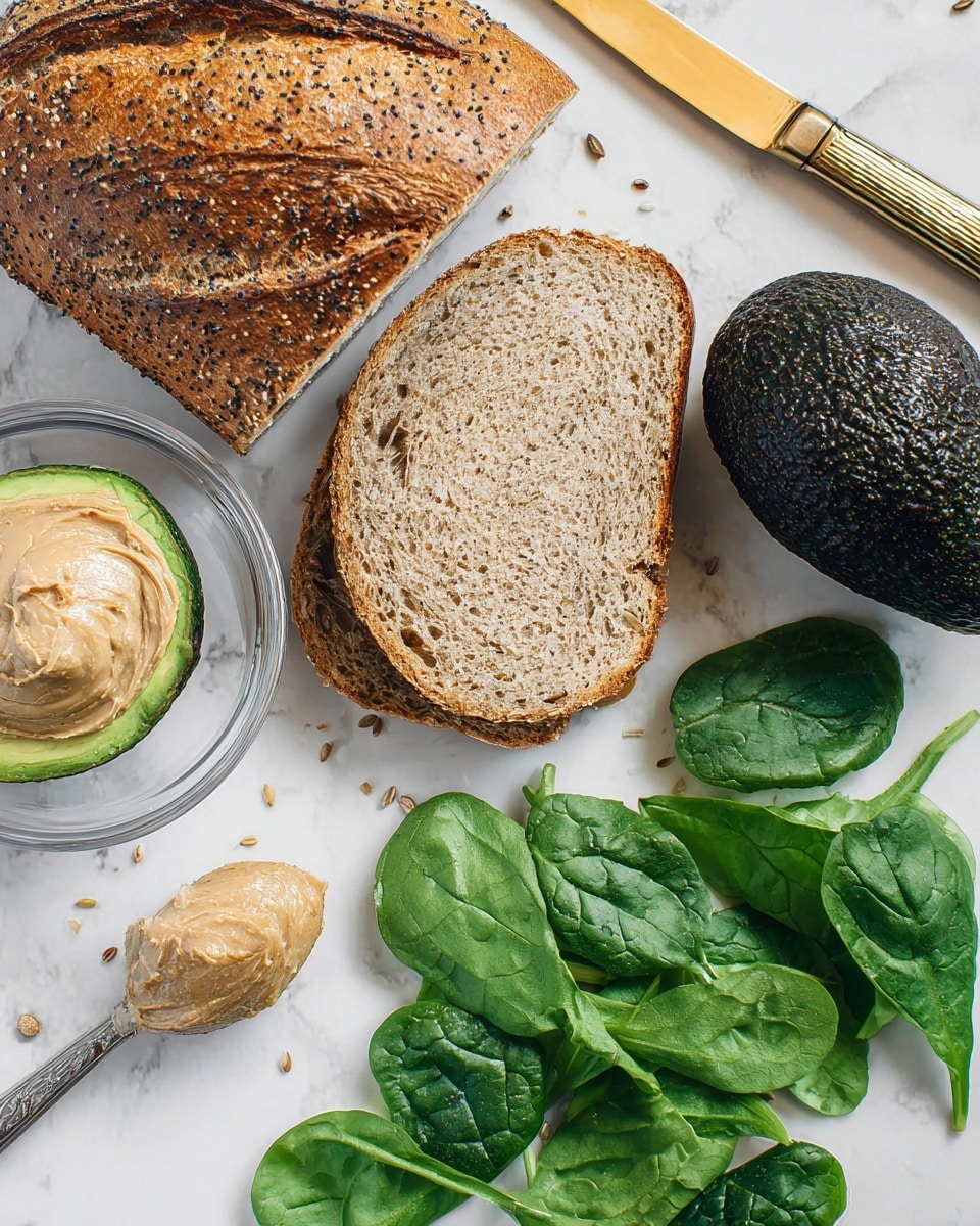 Several slices of toasted grain bread are placed on two white plates on a white marbled surface. Each toast has a first layer of creamy spread, followed by a layer of wilted spinach with dark green, soft leaves. On top of the spinach, slices of fresh avocado with light and dark green gradients are neatly arranged. Some toasts have a pile of pinkish pickled onions curly on top, while a light tan dressing is drizzled over everything, with scattered pumpkin seeds and tiny white seeds sprinkled across. A gold fork touches one piece of toast on the lower plate and a woman's hand holds a toast with a fork on the upper plate. A clear bowl of more pickled pink onions sits beside a pink cloth napkin. Photo taken with an iphone --ar 4:5 --v 7