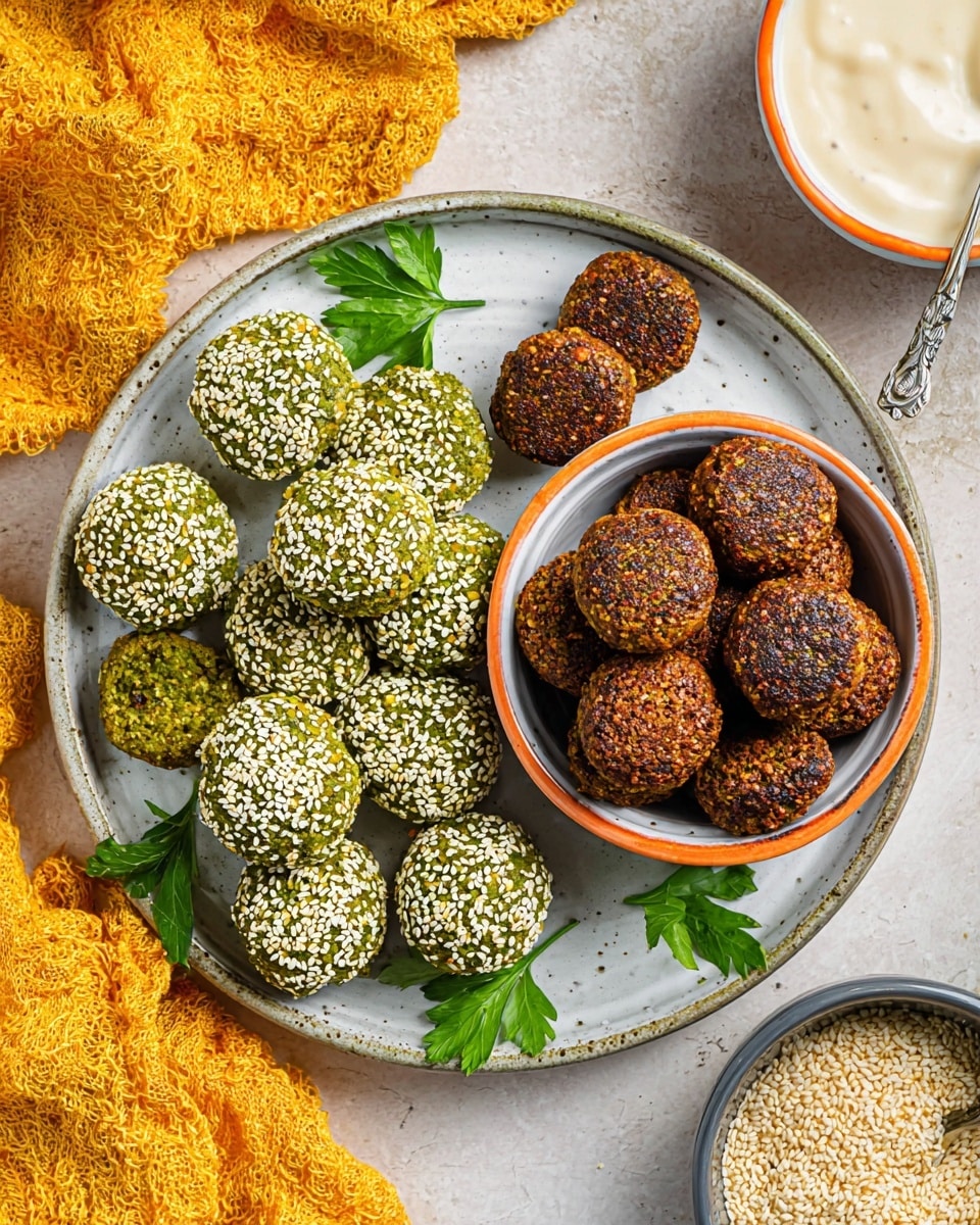 A bowl filled with round, dark brown falafel balls coated with sesame seeds is placed in the center on a wooden board. Two falafel pieces are broken open showing a green inside with a crumbly texture. Around the bowl, there are small green falafel balls on a beige cloth. A glass bowl with light beige sauce and a spoon inside is placed to the right on a yellow cloth. A sprig of fresh parsley lies on the bottom left corner. The whole scene is set on a white marbled surface with a light green textured wall in the background. Photo taken with an iphone --ar 4:5 --v 7