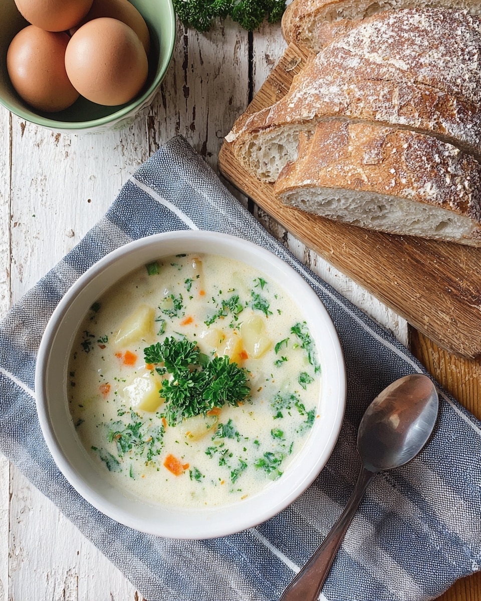 A white bowl filled with creamy soup dotted with chopped green herbs and small pieces of soft white potatoes, topped with a sprig of fresh parsley and tiny orange carrot bits. The bowl sits on a grey cloth with blue stripes on a rustic wooden table. To the top right, there is a wooden cutting board with two large slices of light brown crusty bread covered lightly in white flour. To the left, a white bowl with a green inside holds brown eggs. A shiny metal spoon rests next to the soup bowl on the cloth, and everything is set against a white marbled surface. photo taken with an iphone --ar 4:5 --v 7