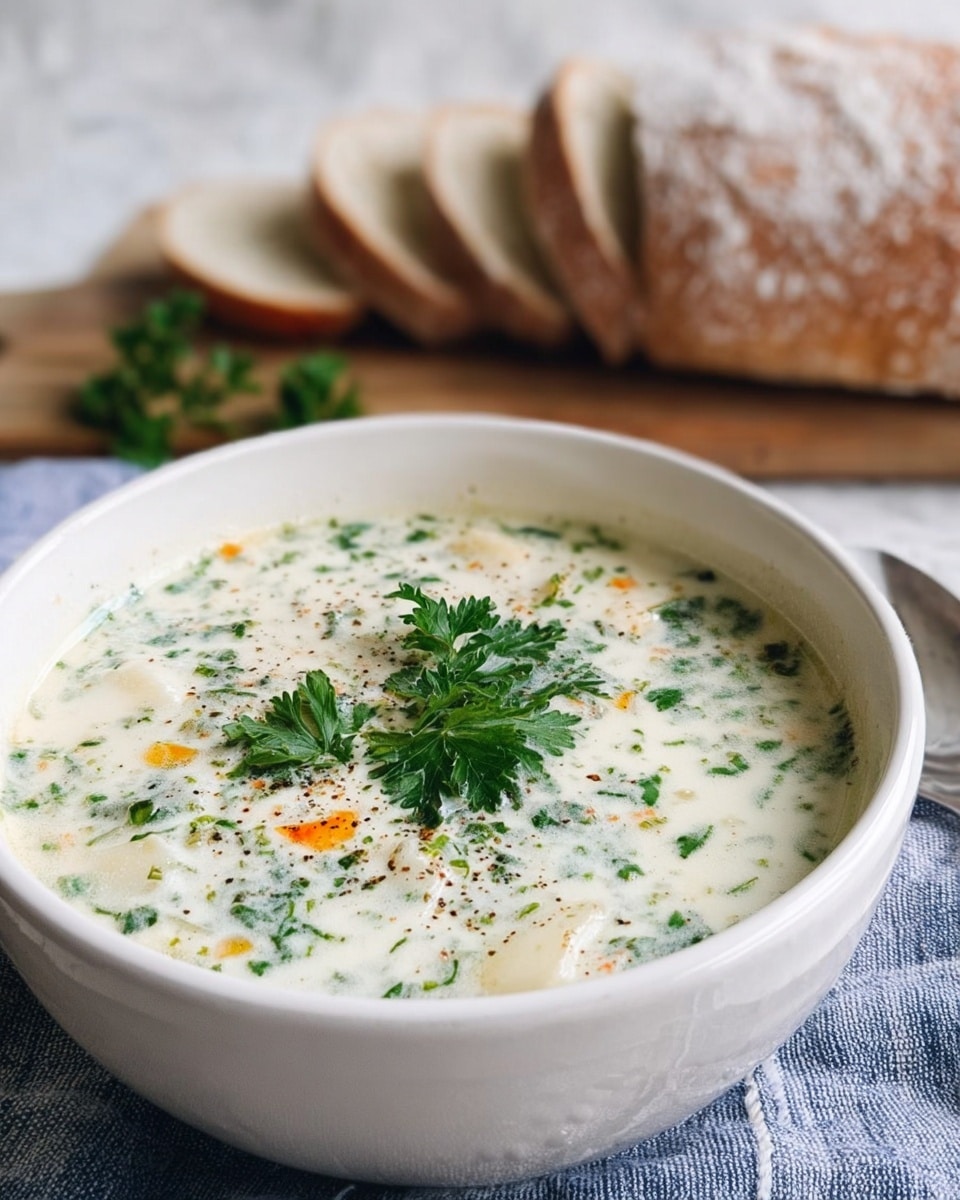 A white bowl filled with creamy soup that has small green herb pieces and tiny orange bits scattered throughout. The soup has some soft white chunks and is topped with fresh green parsley leaves in the center and sprinkled with black pepper. Behind the bowl, there are slices of light brown bread with a white flour dusting on top placed on a wooden board. The bowl rests on a blue and white striped cloth, and the background is a white marbled texture. Photo taken with an iphone --ar 4:5 --v 7