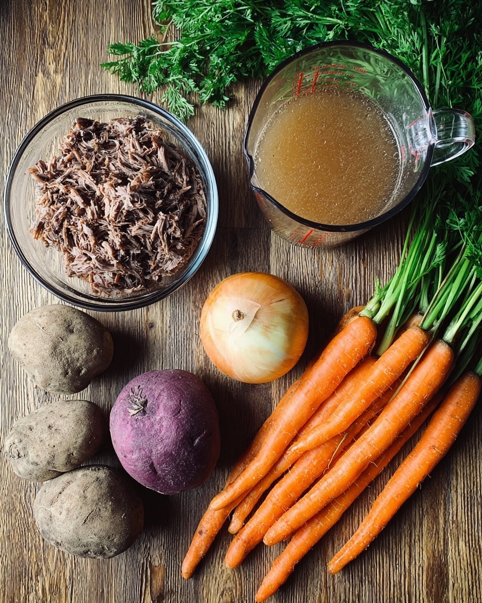 A top-down view of fresh cooking ingredients arranged on a wooden surface, including a bunch of bright orange carrots with green tops on the right side, a clear measuring cup filled with light brown broth above the carrots, and a medium-sized yellow onion with light brown skin near the center. To the left of the onion is a large purple turnip and four small rough-textured potatoes with a brownish-grey color. In the middle is a clear glass bowl filled with shredded dark brown cooked meat. At the top left, green leafy carrot tops extend outwards. Photo taken with an iphone --ar 4:5 --v 7