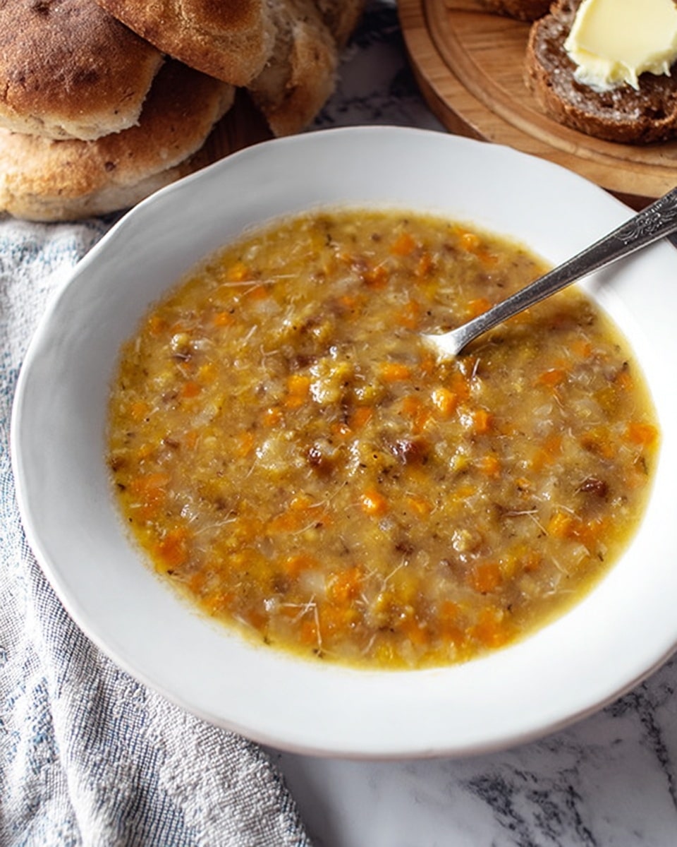 A white bowl with a wide, decorative rim holds a thick soup filled with small bits of orange carrot and brown shredded meat in a light brown broth, with a silver spoon resting in it on the right side. Behind the bowl is a wooden board on a white marbled surface, with two slices of whole grain bread spread with butter and two flat white buns with a lightly browned top. The scene is placed on a dark blue and gray patterned cloth and a light beige cloth with fringed edges. Photo taken with an iphone --ar 4:5 --v 7