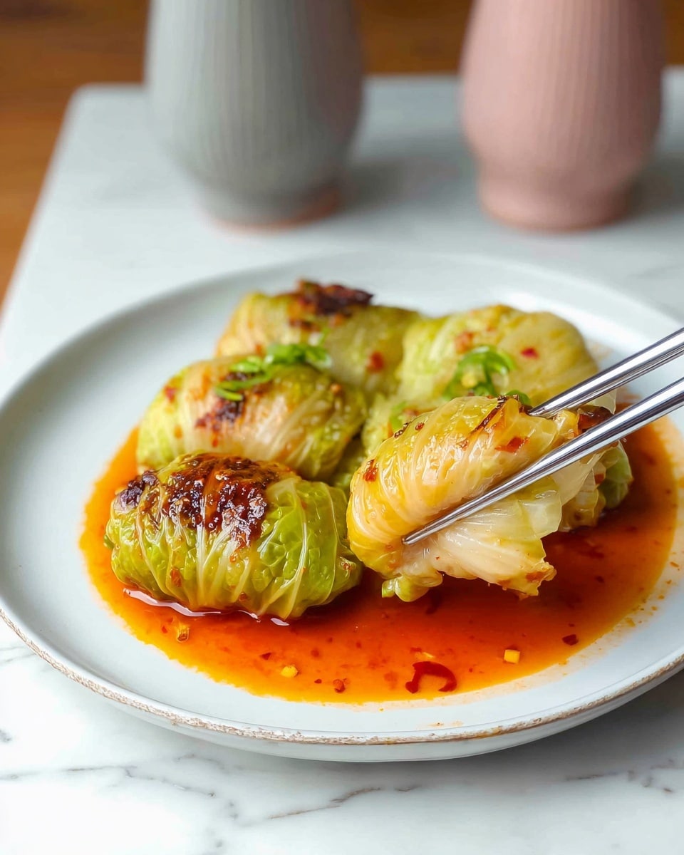 Six cabbage rolls are placed closely on a white plate. Each roll is wrapped in green and pale yellow cabbage leaves with a shiny, slightly caramelized surface showing brown crispy spots. The rolls sit in a reddish-brown sauce that pools around them, adding a glossy texture. The plate is on a wooden table with a white marbled background visible at the edges. Photo taken with an iphone --ar 4:5 --v 7