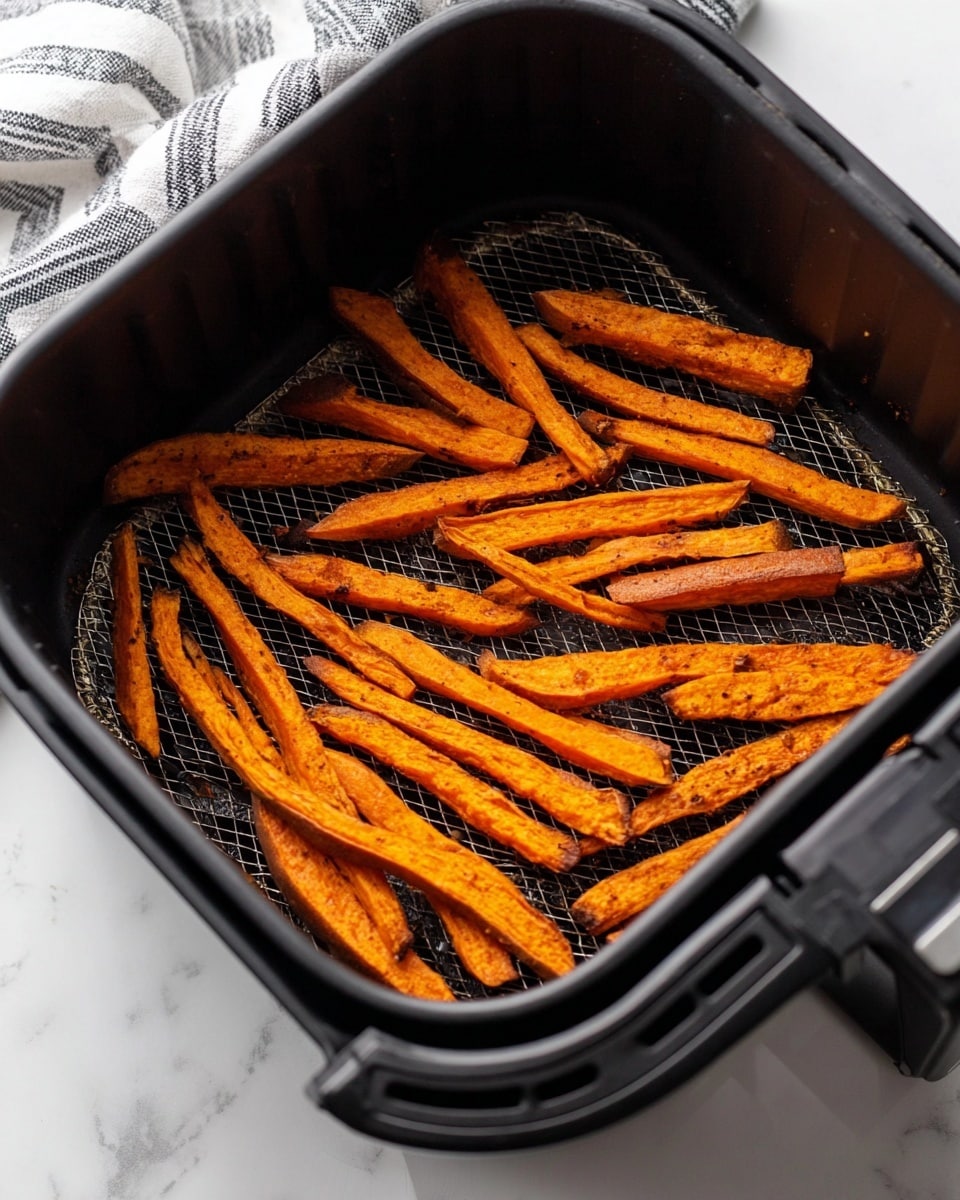 Inside a black air fryer basket with a mesh bottom, there are around twenty thin sweet potato fries. They are arranged loosely in the basket, showing a bright orange color with some black char marks scattered on the fries. The shape of each fry is long and narrow with uneven edges, giving a roasted, crispy look. The background surface is white marble with a soft striped cloth partially visible in the upper left corner. Photo taken with an iphone --ar 4:5 --v 7