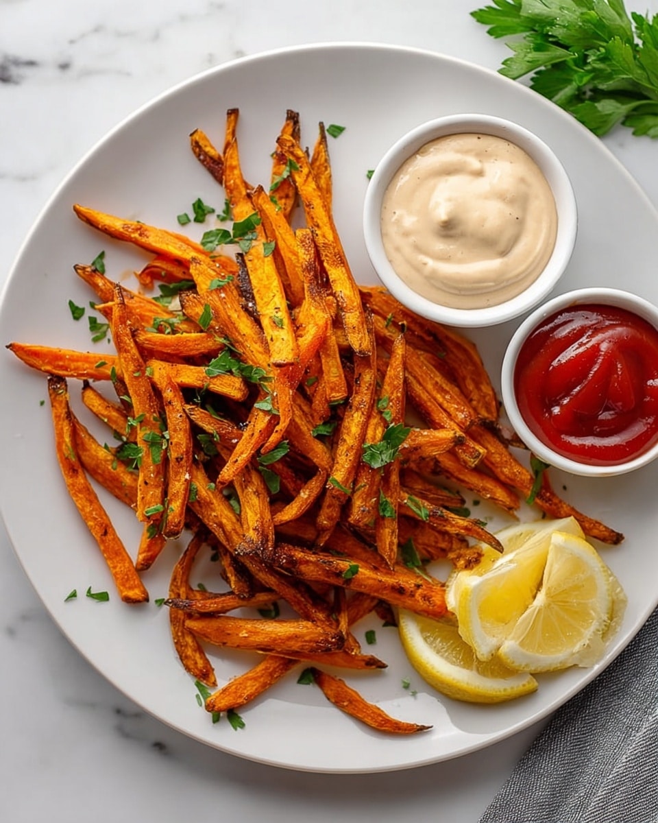A white plate holds a pile of golden-orange sweet potato fries with some darker, crispy edges, lightly sprinkled with green parsley leaves. On the top right side of the plate, there are two small white bowls, one filled with creamy beige sauce and the other with bright red ketchup. Two lemon wedges, one on the left bottom and one on the right bottom of the plate, add a fresh yellow color to the scene. A green parsley sprig sits next to the ketchup bowl on the white marbled surface background. photo taken with an iphone --ar 4:5 --v 7