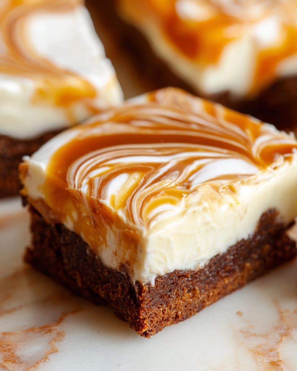 A close-up of square dessert pieces with two clear layers: the base layer is a soft, brown cake with a slightly rough texture, and the top layer is a creamy white frosting swirled with shiny caramel sauce in a spiral and wave pattern. The pieces are placed on white parchment paper over a white marbled surface. The caramel looks glossy and thick, creating rich orange and light brown swirls on the smooth frosting. Some pieces show the side where a bite has been taken, revealing the moist inner cake. photo taken with an iphone --ar 4:5 --v 7